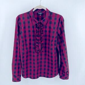 Talbots Stretch tartan buffalo plaid 1/2 button up ruffle long sleeve shirt 14